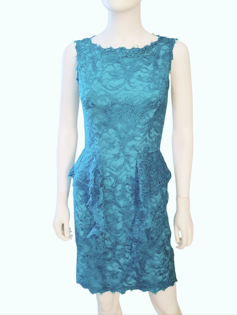 EMILIO PUCCI Lace Peplum Sleeveless Knee Length Dress Silk Rayon Sz 6 Teal Blue